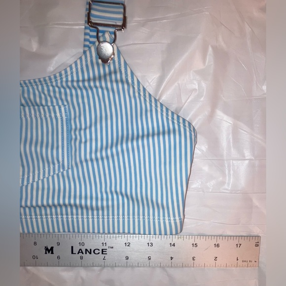 Bikini TOP WITH SUSPENDERS & POCKET!! Tiffany Blue Striped Silver hardware Lg - Picture 4 of 13